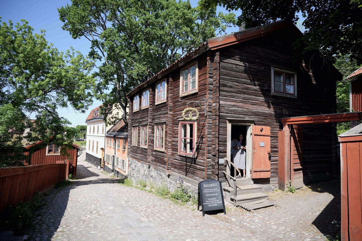 Historic wooden houses at the Skansen open-air museum in Stockholm