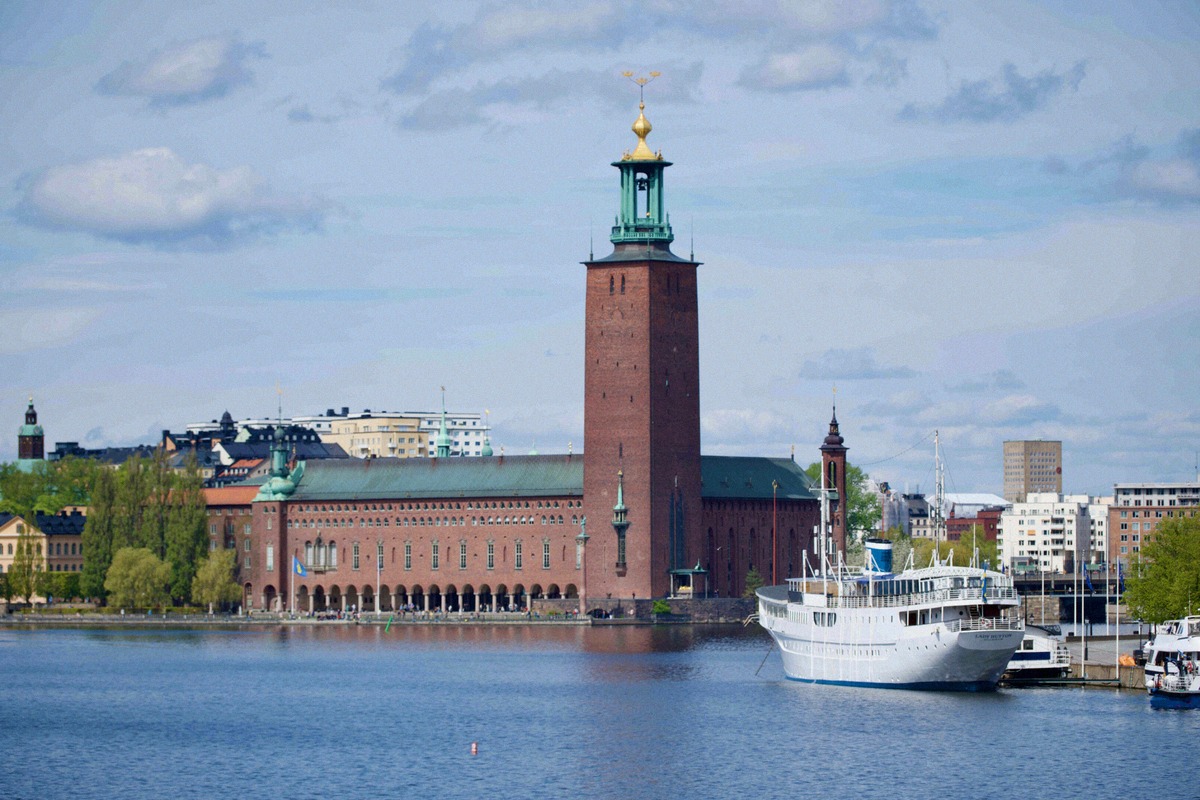 Stadshuset, the city hall of Stockholm, and its brick tower seen from the water